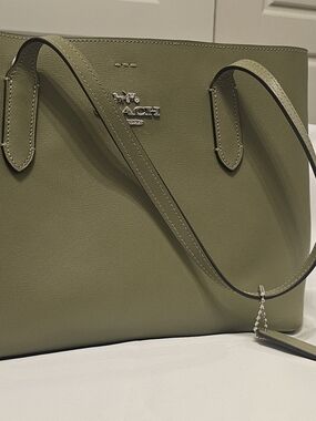 Coach Olive Green Leather Tote with Silver Hardware